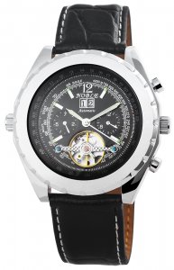 Armbanduhr Schwarz Silber Leder Automatik Noble